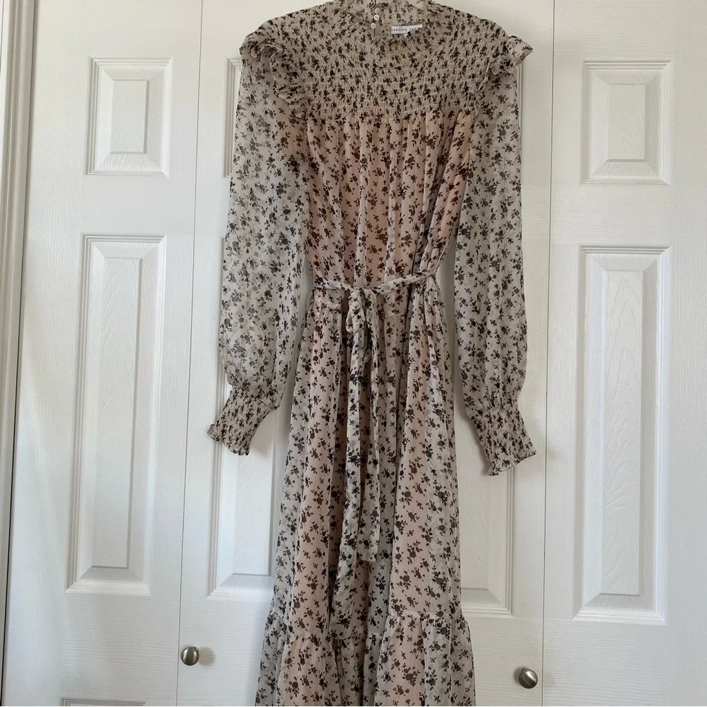 English Factory | Brown Floral Smocked High‑Neck Midi Prairie Cottagecore Dress